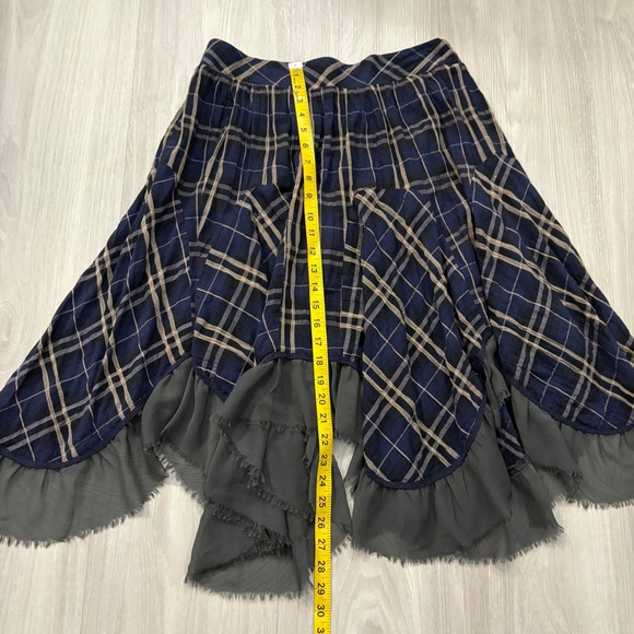 Free People Skirt Women Plaid Ruffle Hem Midi Skirt Navy Tan Boho Asymmetrical S - Picture 4 of 13